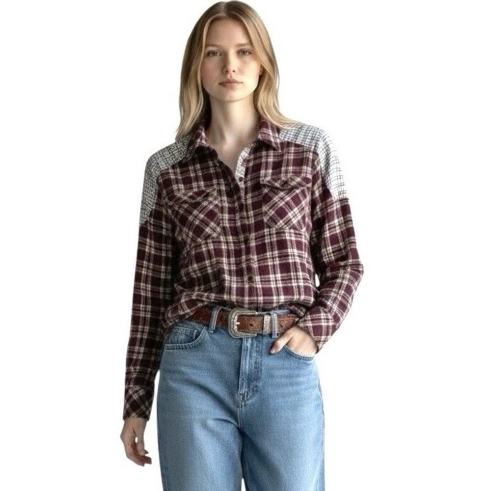 Free People Fall Plaid Western Shirt Size S Burgundy 100% Cotton Boho Cowgirl